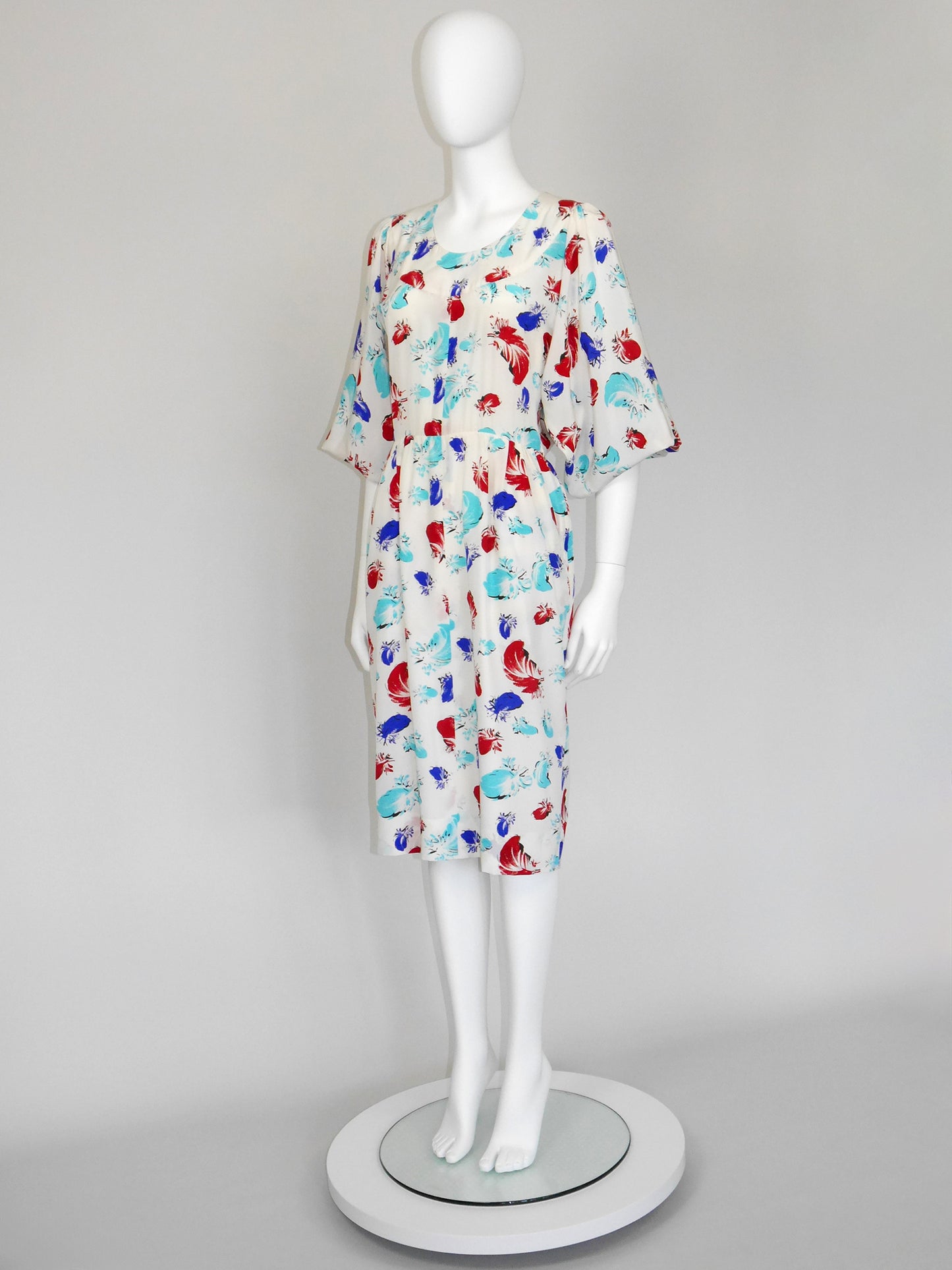 YVES SAINT LAURENT 1980s Vintage White Silk Feather Print Day Dress Size S