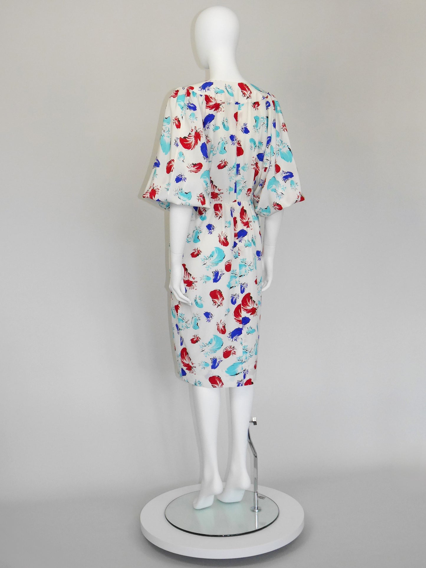 YVES SAINT LAURENT 1980s Vintage White Silk Feather Print Day Dress Size S