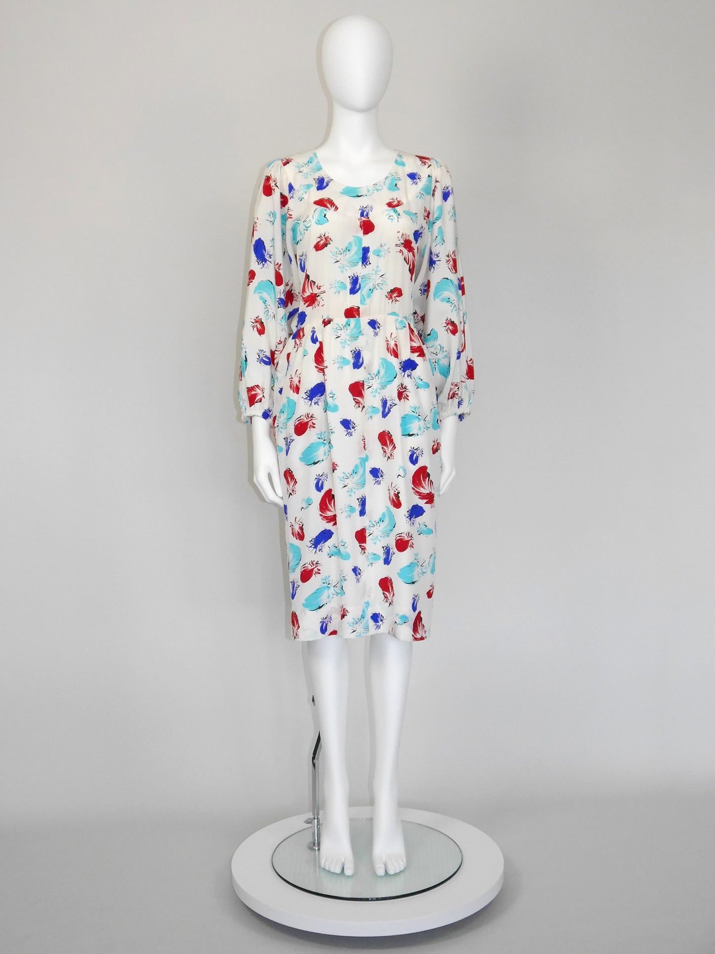 YVES SAINT LAURENT 1980s Vintage White Silk Feather Print Day Dress Size S