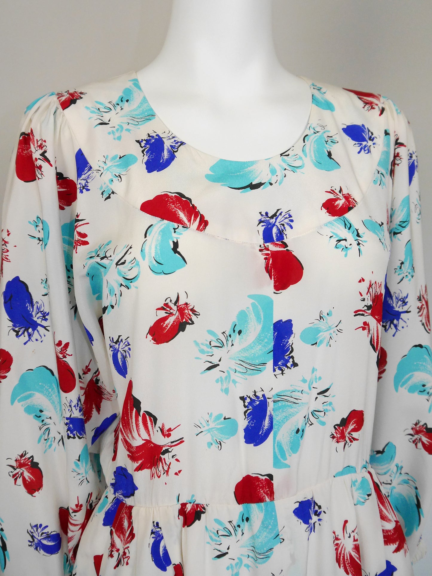 YVES SAINT LAURENT 1980s Vintage White Silk Feather Print Day Dress Size S