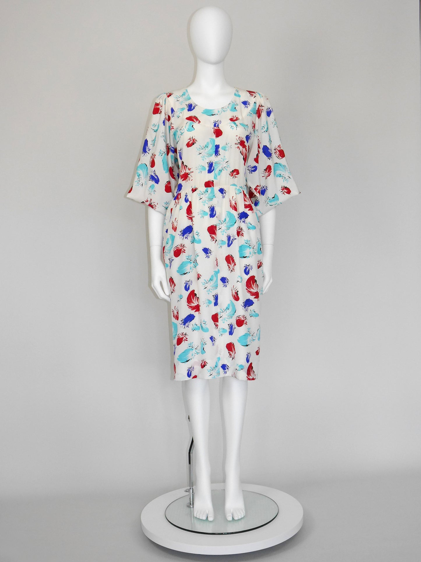 YVES SAINT LAURENT 1980s Vintage White Silk Feather Print Day Dress Size S