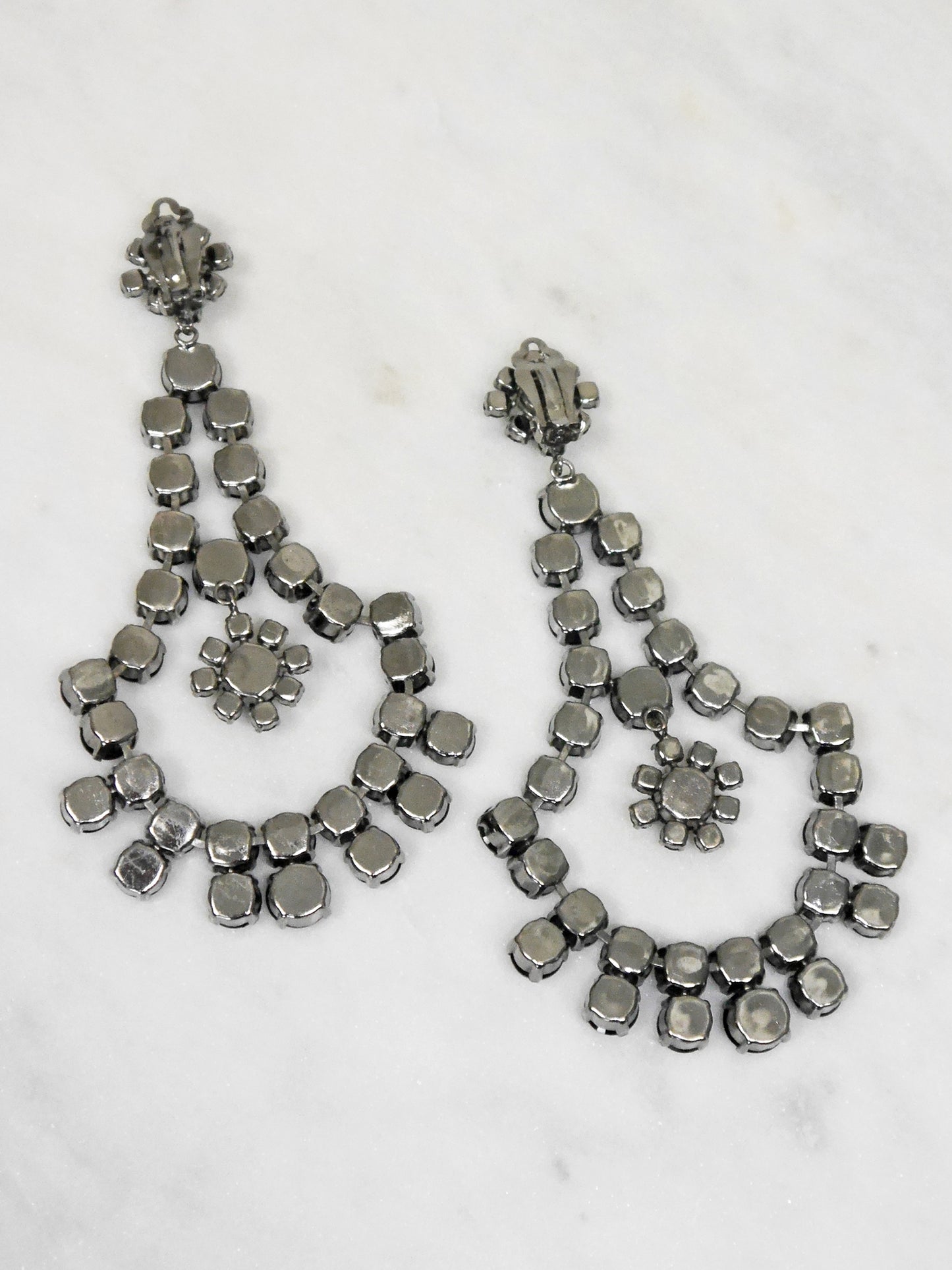 YVES SAINT LAURENT 2000s Vintage Silver & Black Oversized Chandelier Earrings 12,0 cm