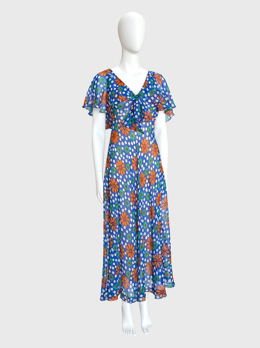 YVES SAINT LAURENT Spring 1974 Vintage Floral Silk Maxi Dress Size XXS