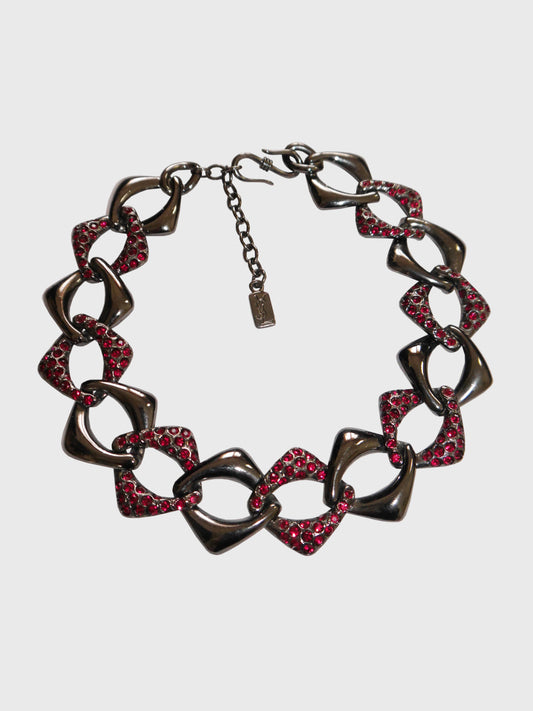 YVES SAINT LAURENT Vintage Statement Necklace Gunmetal & Red Rhinestones