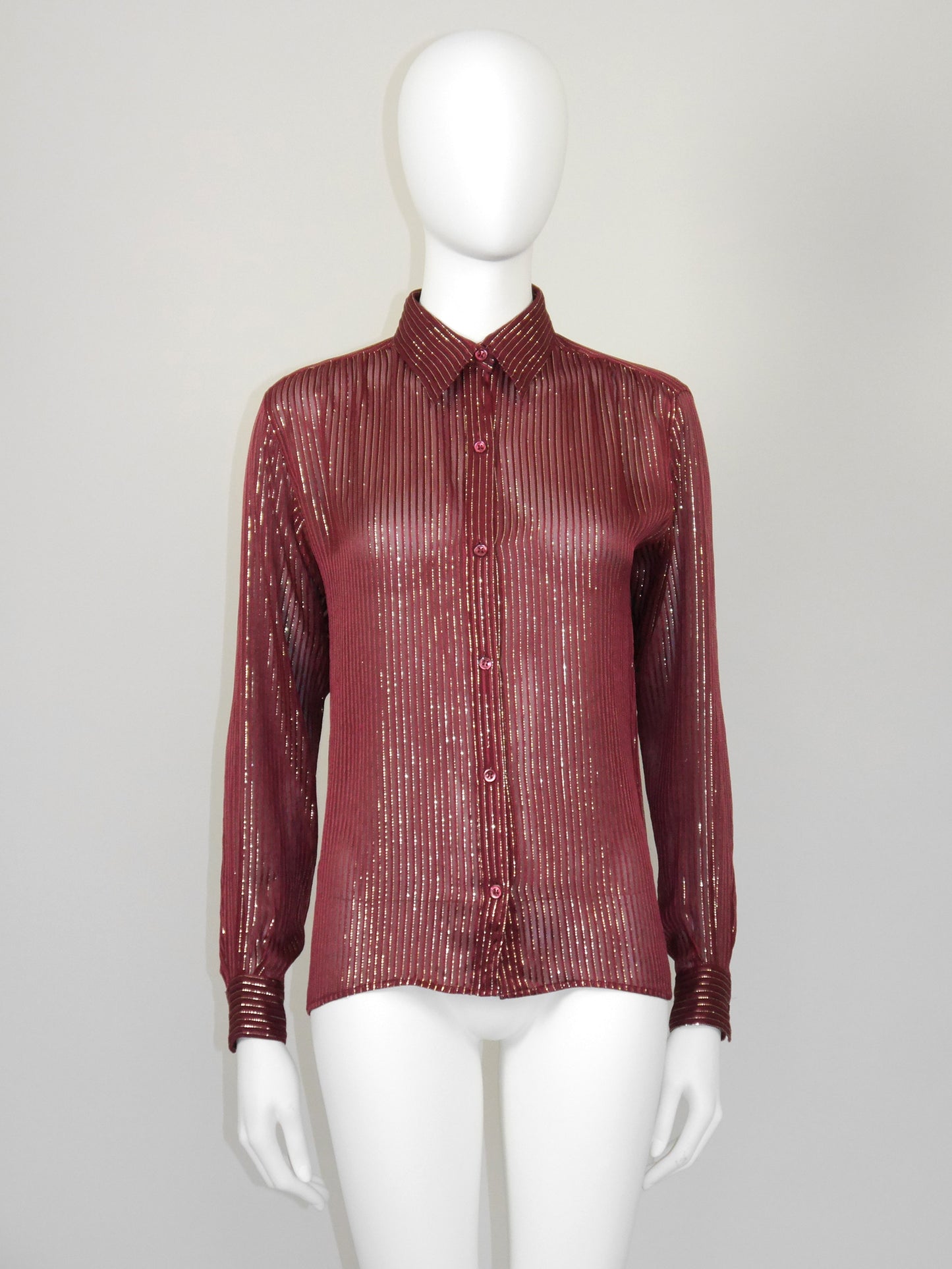 YVES SAINT LAURENT 1970s Vintage Burgundy Silk & Gold Lurex Evening Blouse Size XS-S