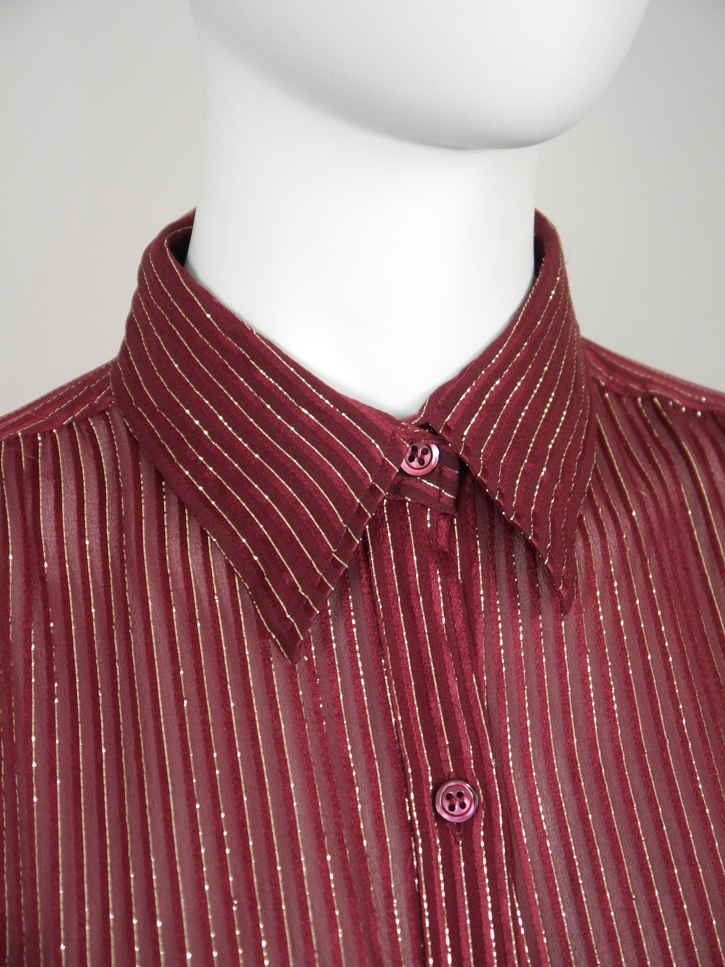 YVES SAINT LAURENT 1970s Vintage Burgundy Silk & Gold Lurex Evening Blouse Size XS-S