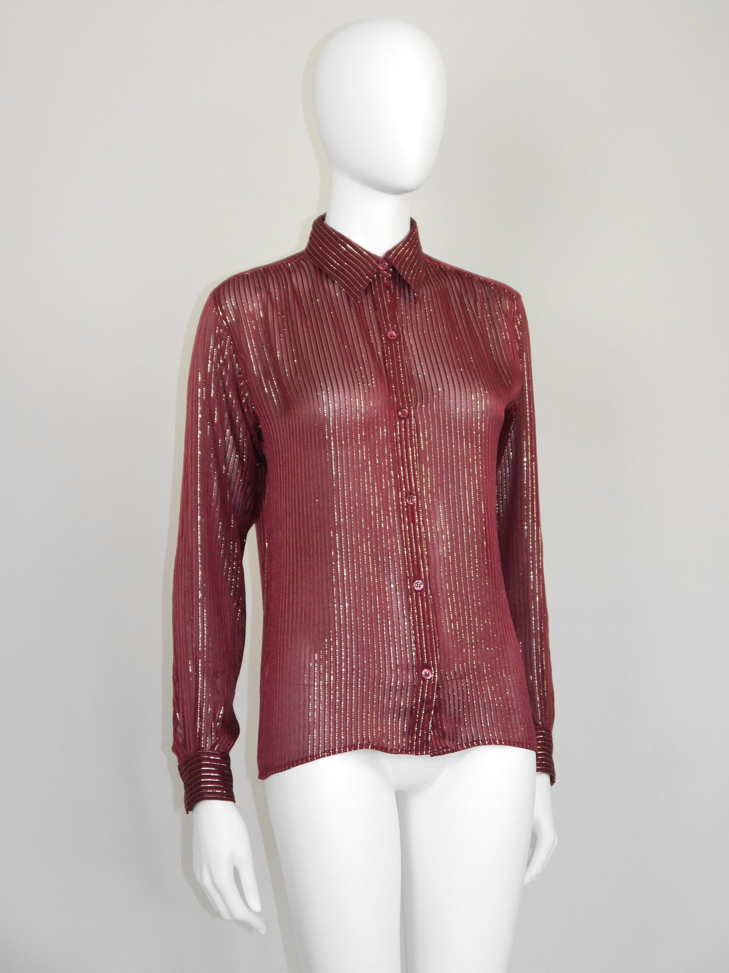 YVES SAINT LAURENT 1970s Vintage Burgundy Silk & Gold Lurex Evening Blouse Size XS-S