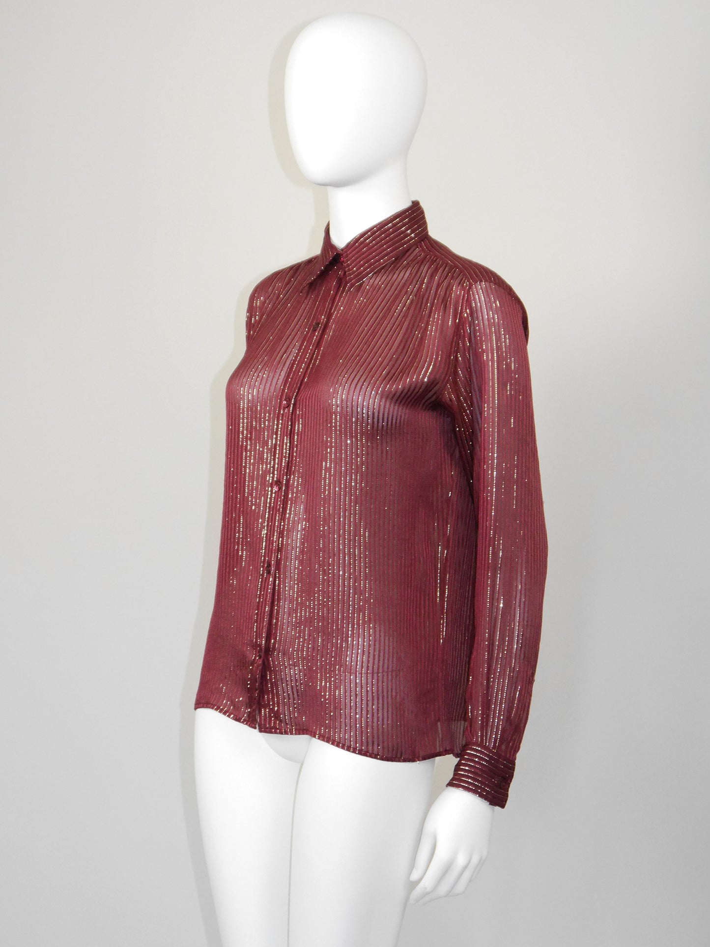 YVES SAINT LAURENT 1970s Vintage Burgundy Silk & Gold Lurex Evening Blouse Size XS-S