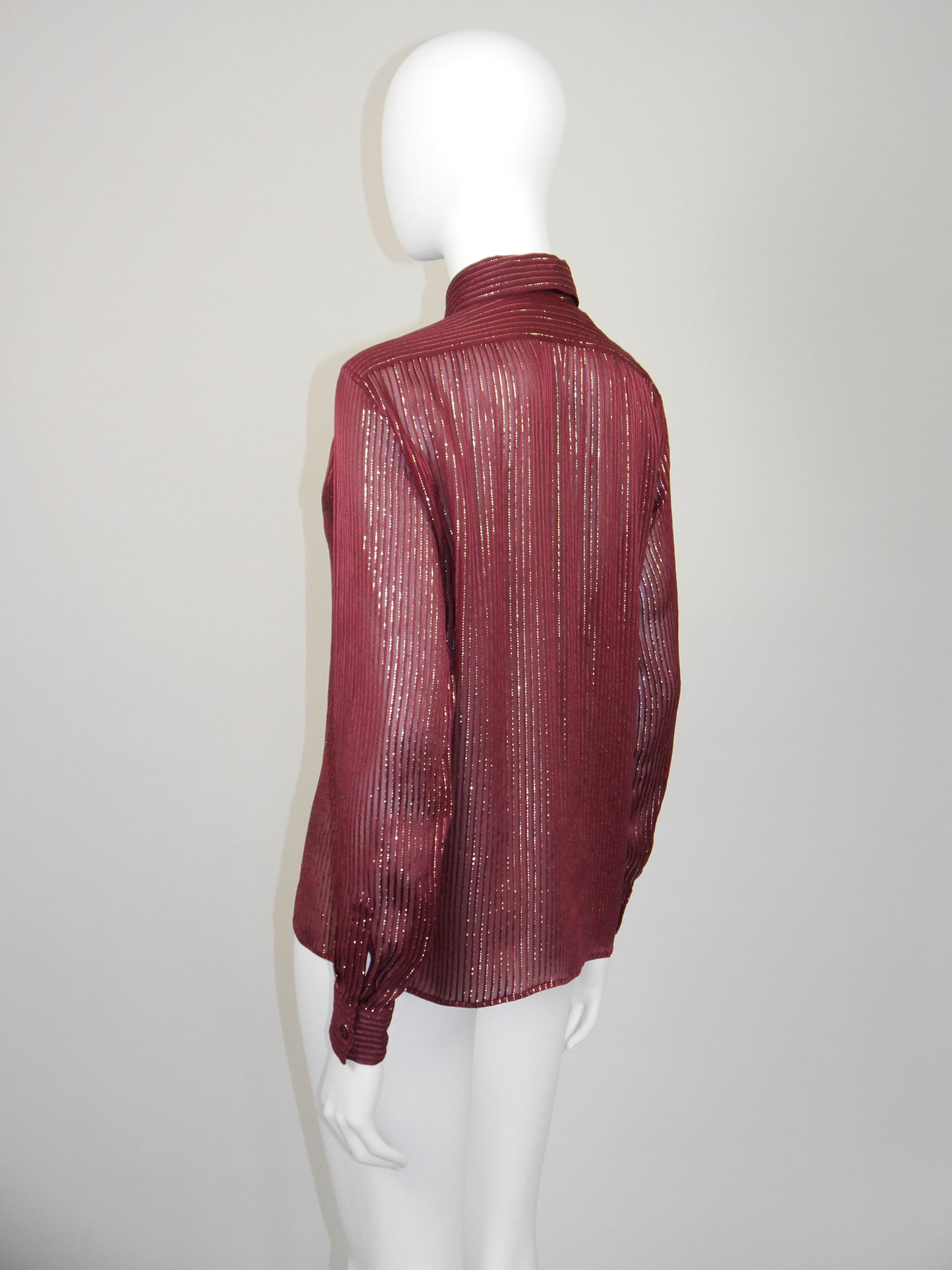 YVES SAINT LAURENT 1970s Vintage Burgundy Silk & Gold Lurex Evening Blouse Size XS-S