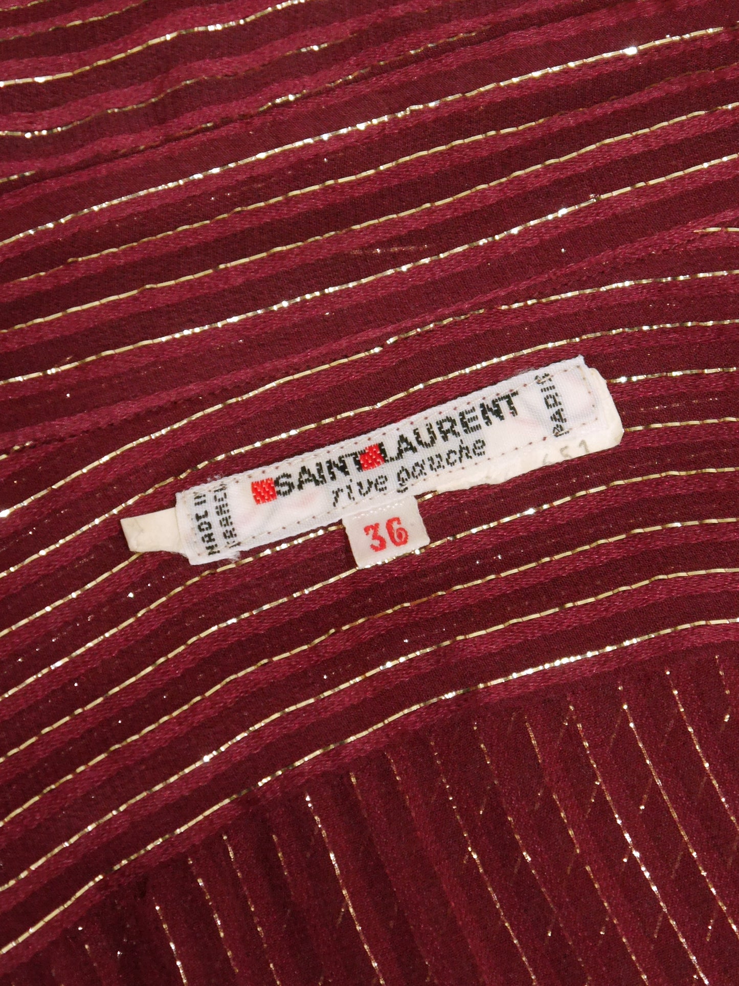 YVES SAINT LAURENT 1970s Vintage Burgundy Silk & Gold Lurex Evening Blouse Size XS-S