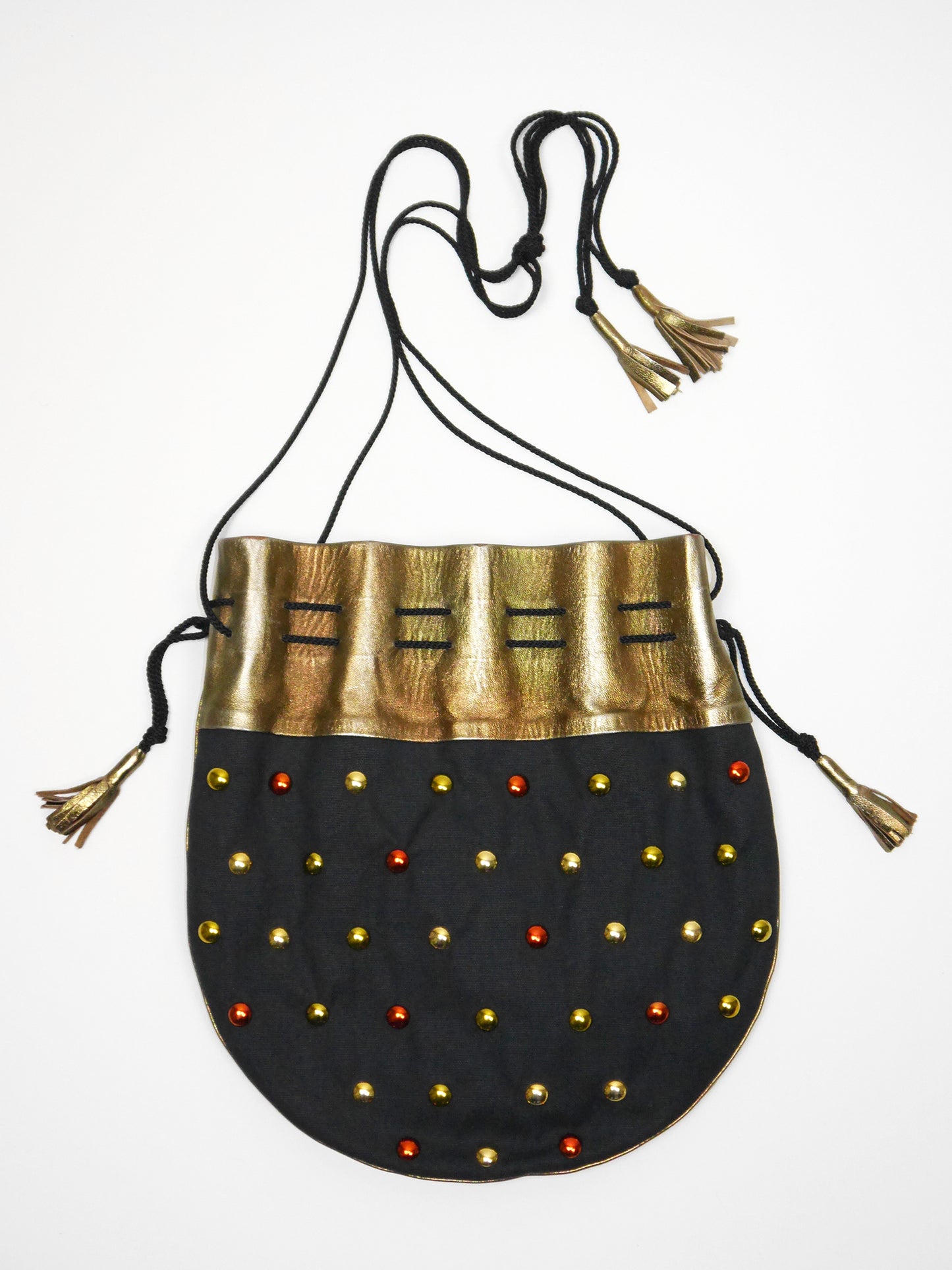 YVES SAINT LAURENT 1970s Vintage Black Cotton & Metallic Leather Tassel Handbag Shoulderbag w/ Rivets