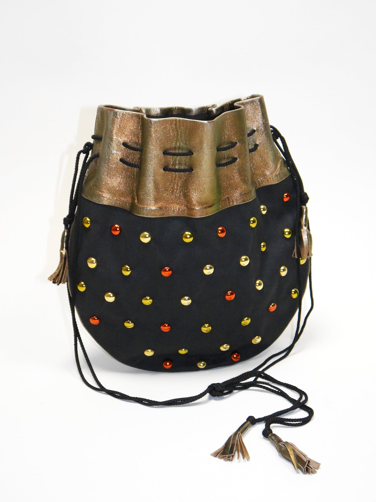 YVES SAINT LAURENT 1970s Vintage Black Cotton & Metallic Leather Tassel Handbag Shoulderbag w/ Rivets