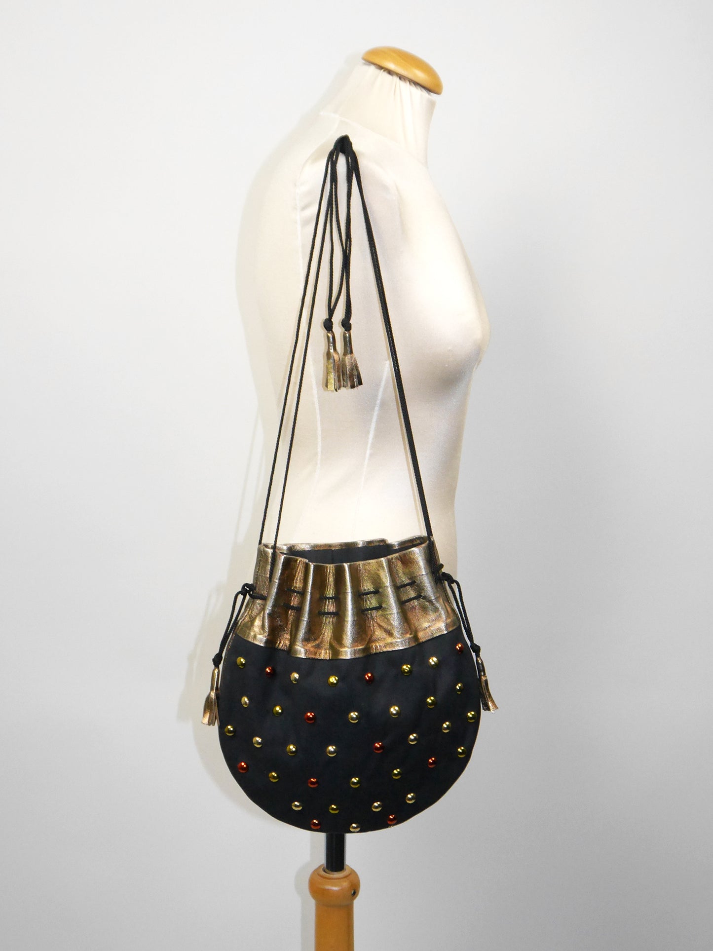 YVES SAINT LAURENT 1970s Vintage Black Cotton & Metallic Leather Tassel Handbag Shoulderbag w/ Rivets