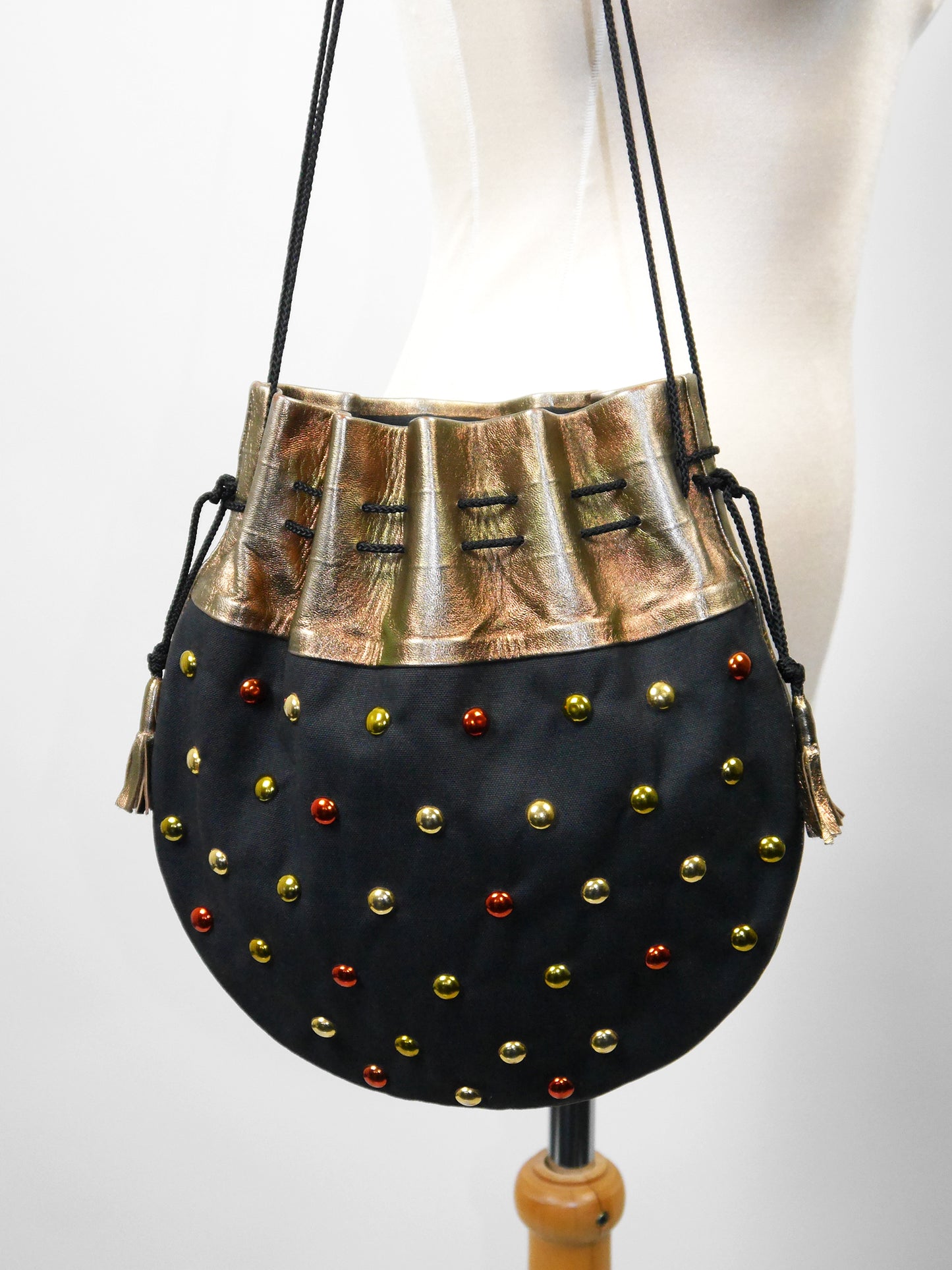 YVES SAINT LAURENT 1970s Vintage Black Cotton & Metallic Leather Tassel Handbag Shoulderbag w/ Rivets