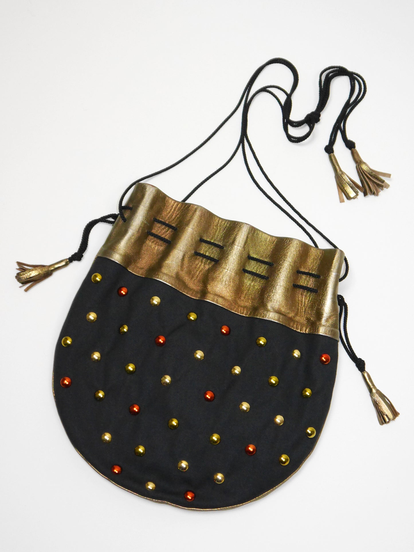 YVES SAINT LAURENT 1970s Vintage Black Cotton & Metallic Leather Tassel Handbag Shoulderbag w/ Rivets