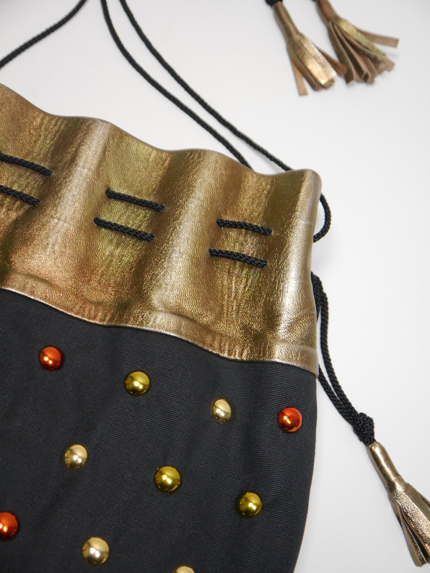 YVES SAINT LAURENT 1970s Vintage Black Cotton & Metallic Leather Tassel Handbag Shoulderbag w/ Rivets