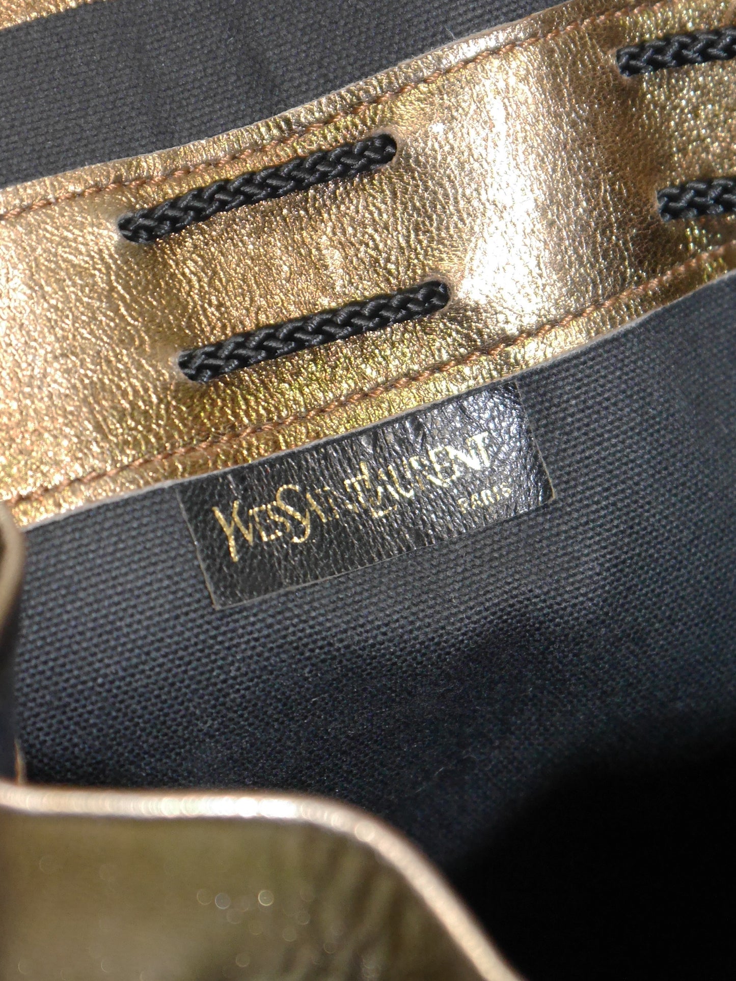 YVES SAINT LAURENT 1970s Vintage Black Cotton & Metallic Leather Tassel Handbag Shoulderbag w/ Rivets