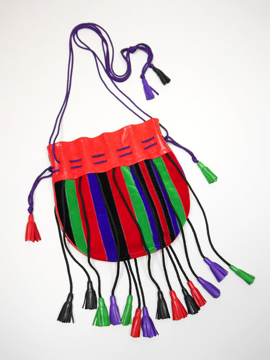 YVES SAINT LAURENT 1970s Vintage Multi-Colored Velvet & Leather Tassel Handbag Shoulderbag