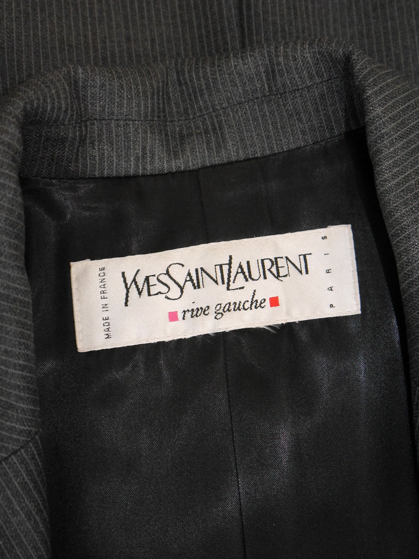 YVES SAINT LAURENT 1990s Vintage Grey Pinstripe Wool Tailored Coat Size M