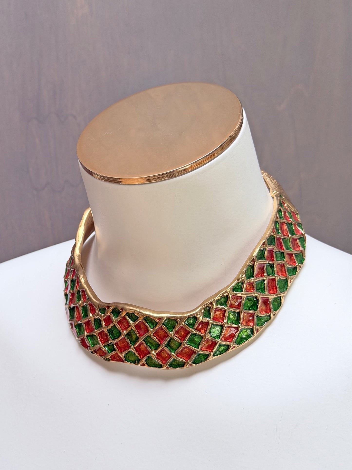 YVES SAINT LAURENT Vintage Harlequin Choker Necklace Collier Gold & Enamel