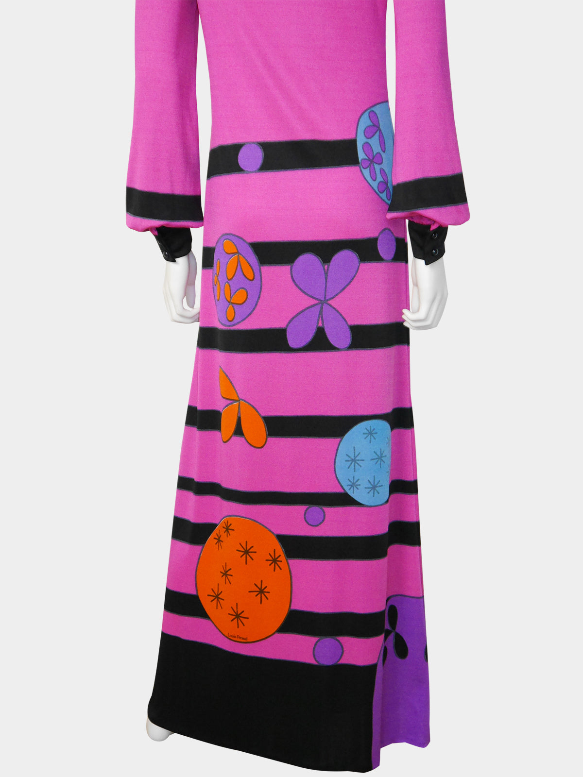 LOUIS FÉRAUD 1960s 1970s Vintage Magenta Pink Psychedelic Print Maxi Evening Dress Size S