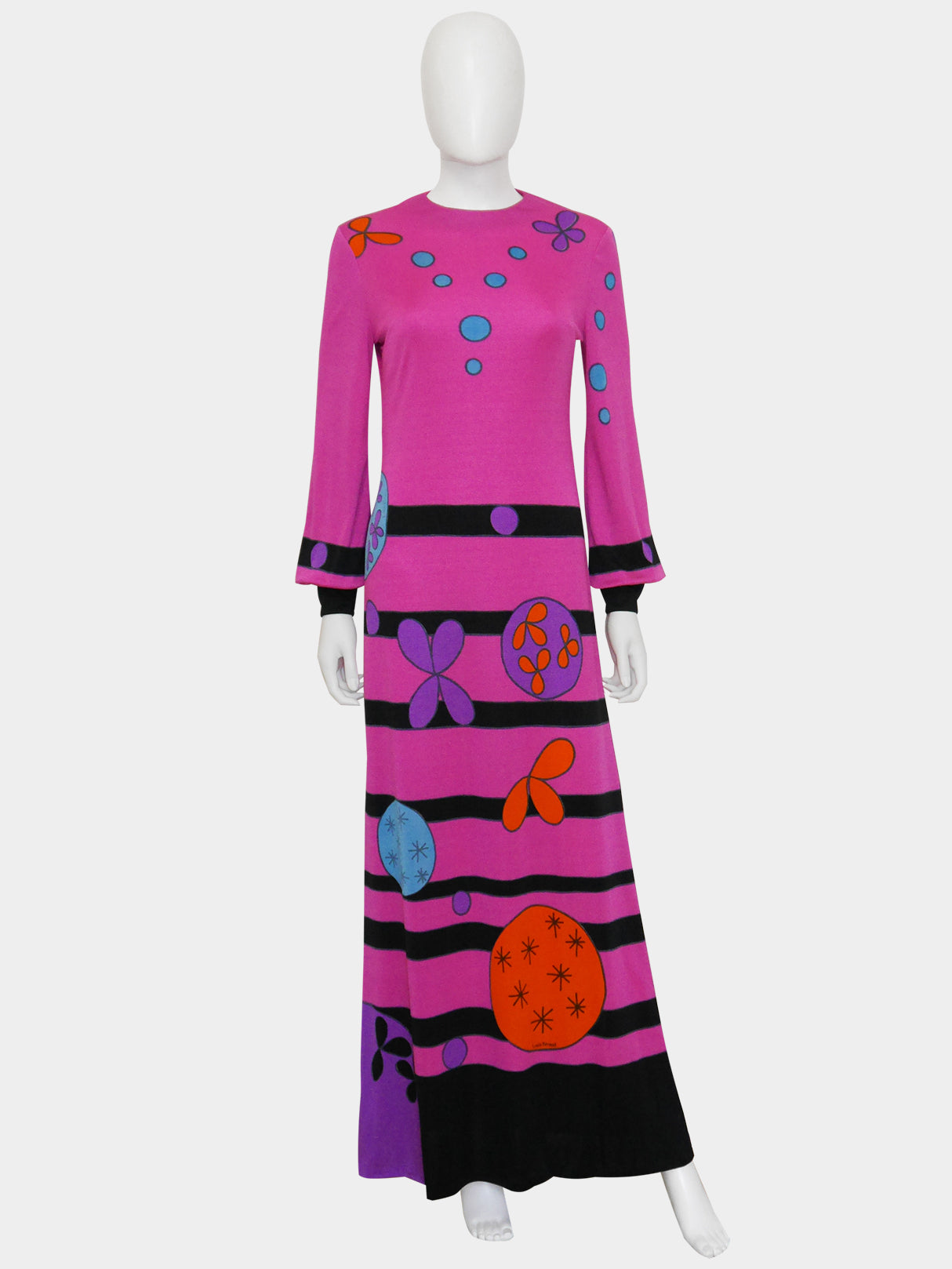 LOUIS FÉRAUD 1960s 1970s Vintage Magenta Pink Psychedelic Print Maxi Evening Dress Size S