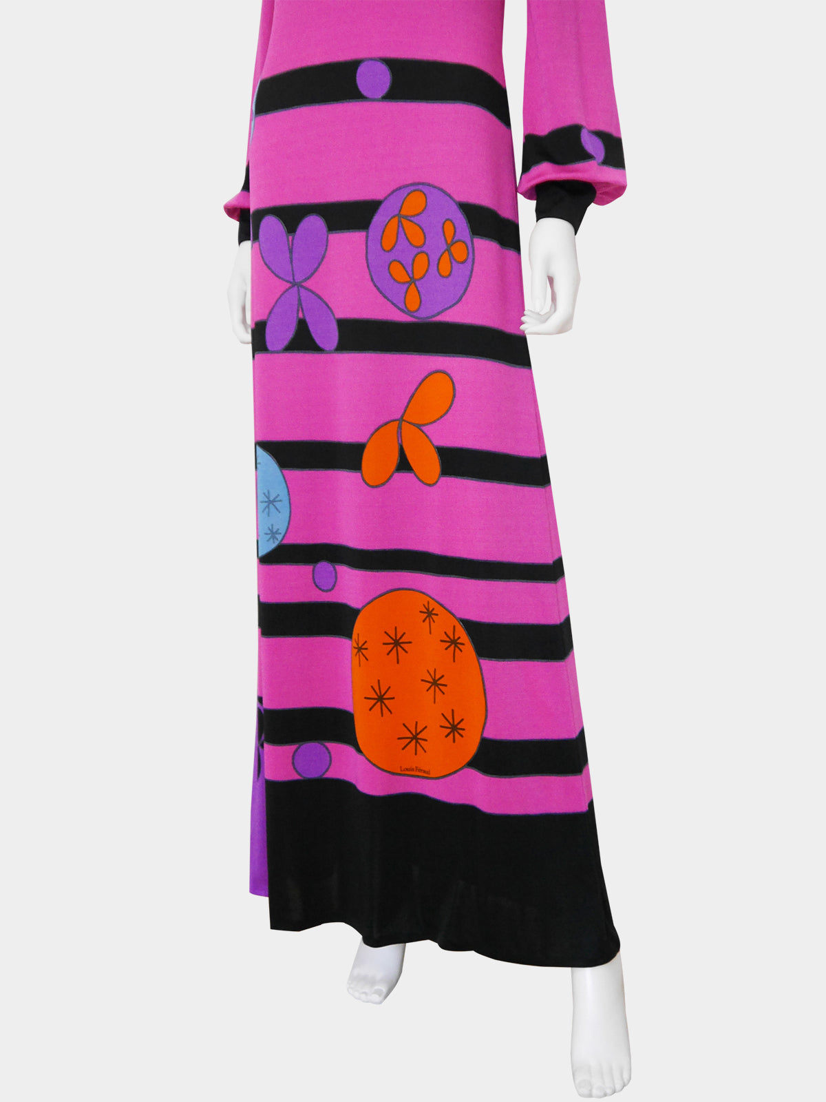 LOUIS FÉRAUD 1960s 1970s Vintage Magenta Pink Psychedelic Print Maxi Evening Dress Size S