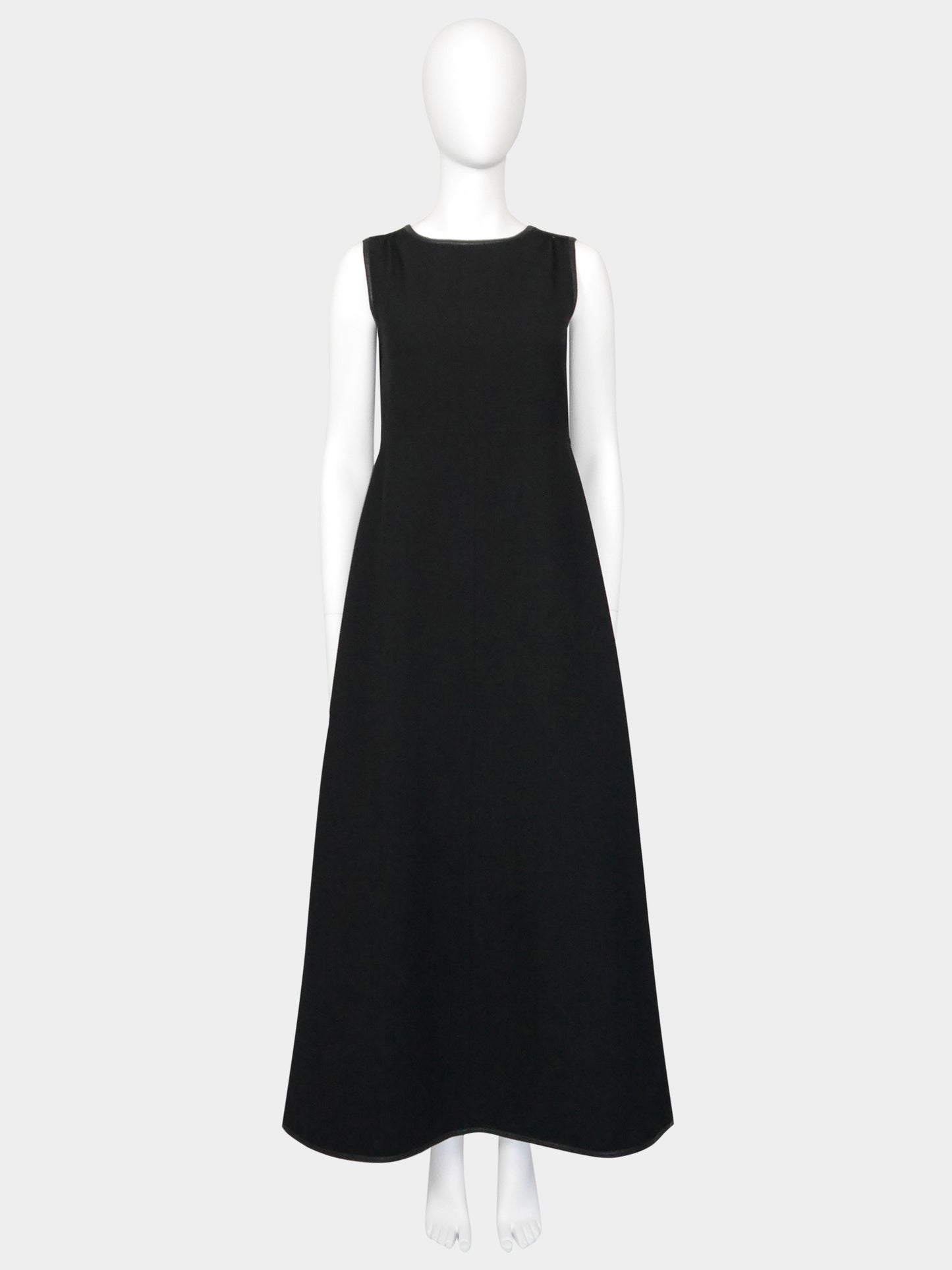 COURRÈGES 1960s 1970s Vintage Black Maxi Evening Dress Faux Leather Edges Size S