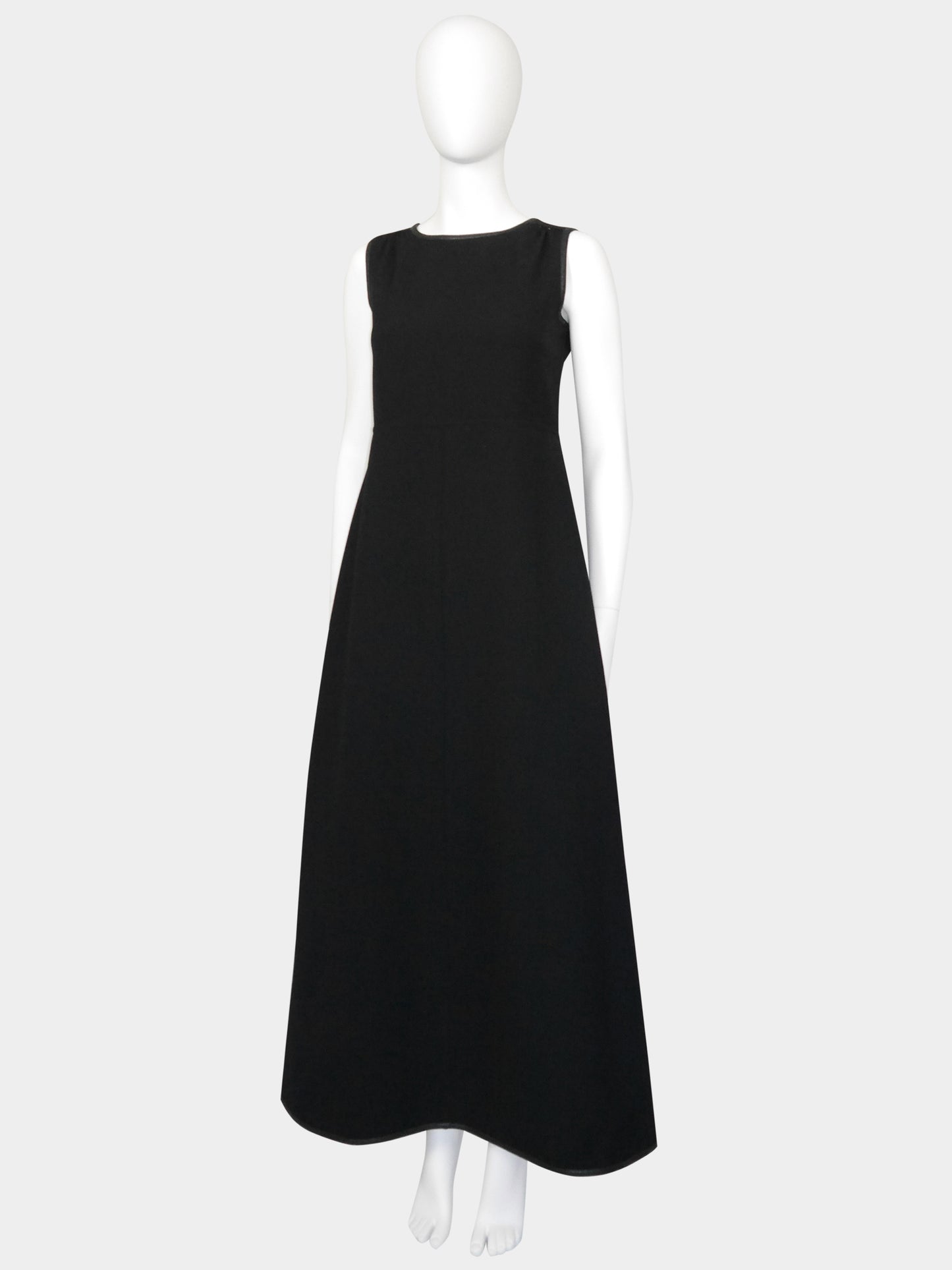 COURRÈGES 1960s 1970s Vintage Black Maxi Evening Dress Faux Leather Edges Size S