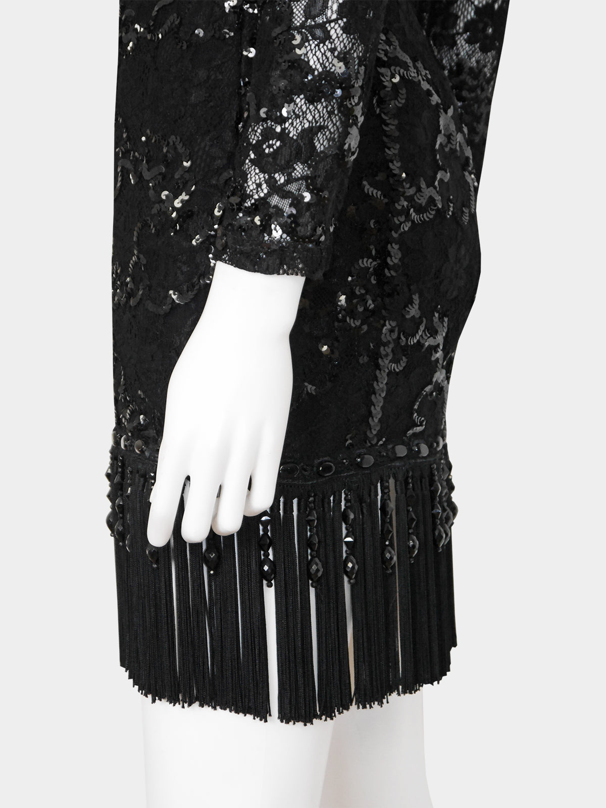 EMANUEL UNGARO c. Fall 1992 Vintage Fringed Lace Sequin Cocktail Dress Size XS