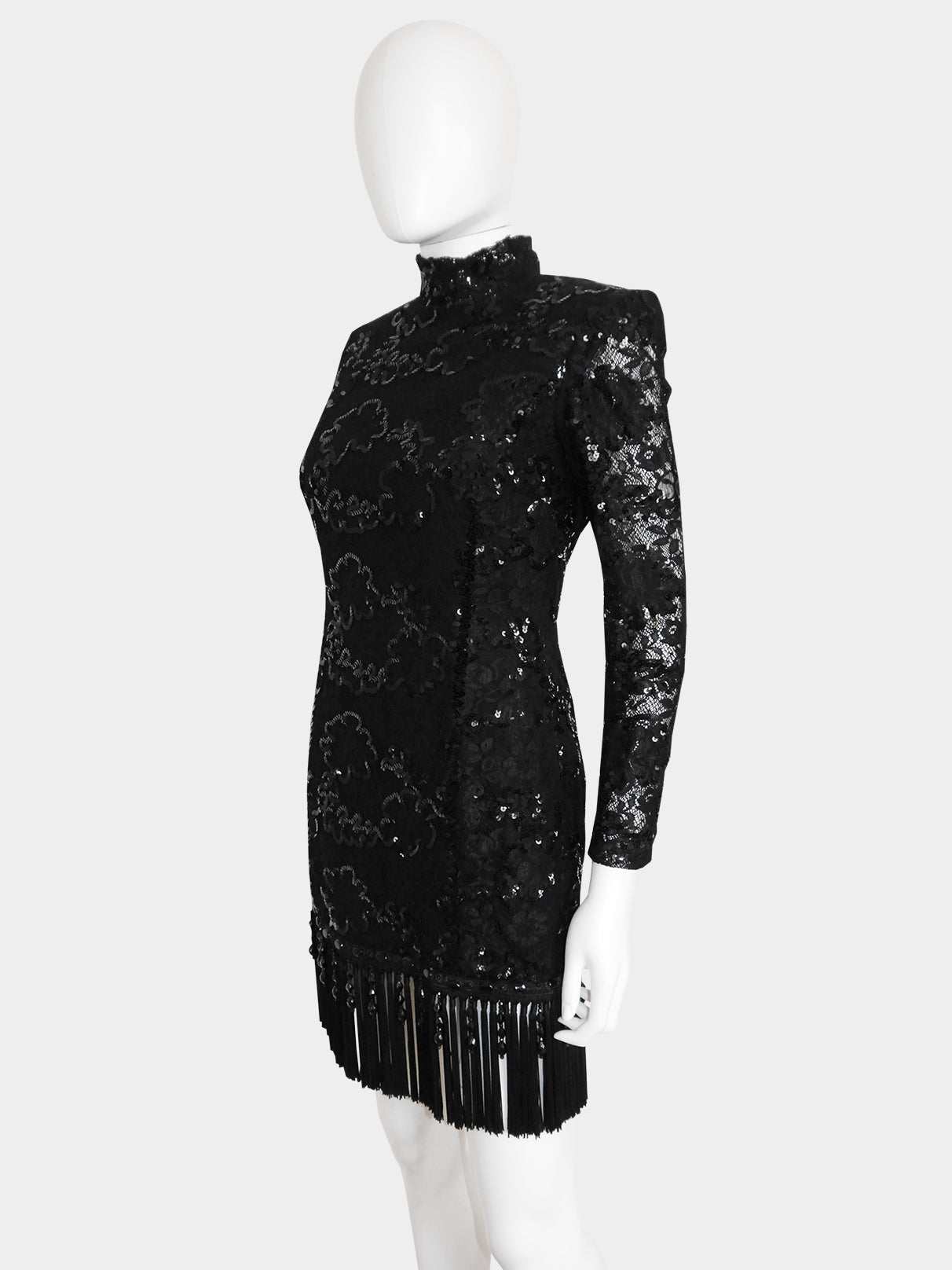 EMANUEL UNGARO c. Fall 1992 Vintage Fringed Lace Sequin Cocktail Dress Size XS
