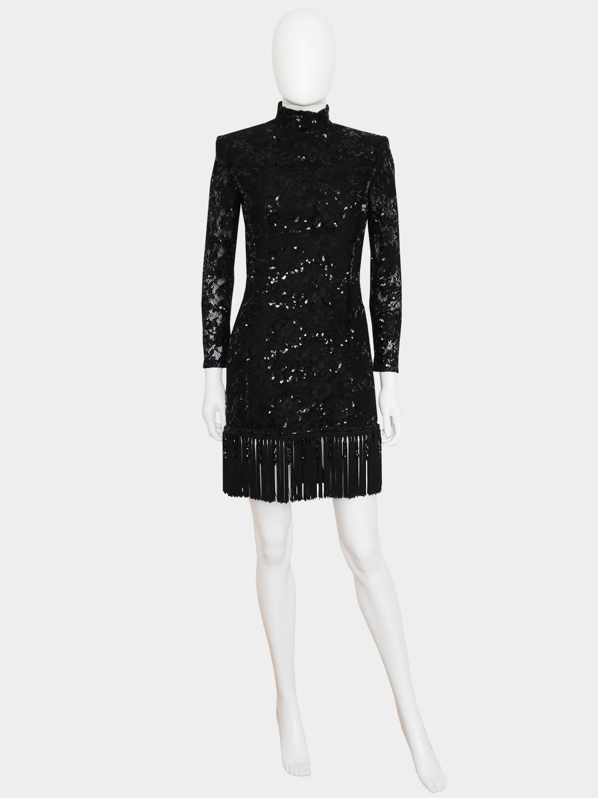 EMANUEL UNGARO c. Fall 1992 Vintage Fringed Lace Sequin Cocktail Dress Size XS