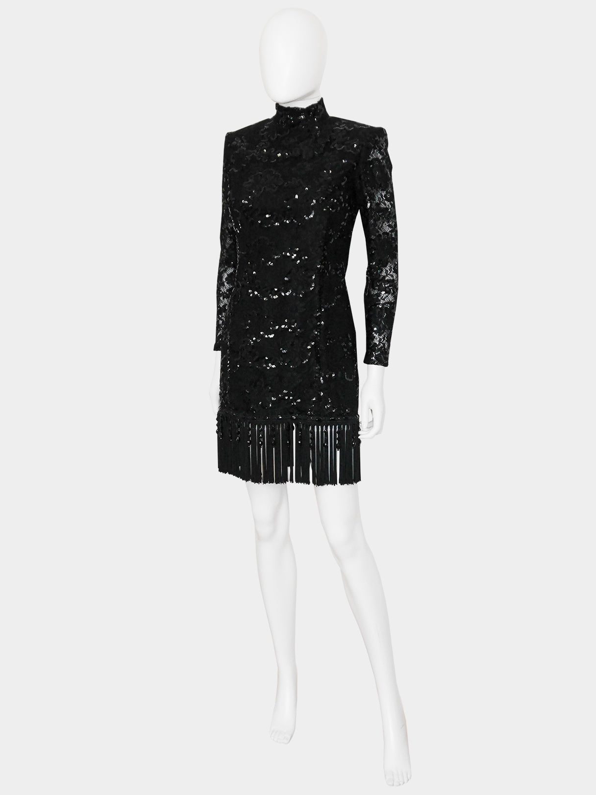 EMANUEL UNGARO c. Fall 1992 Vintage Fringed Lace Sequin Cocktail Dress Size XS