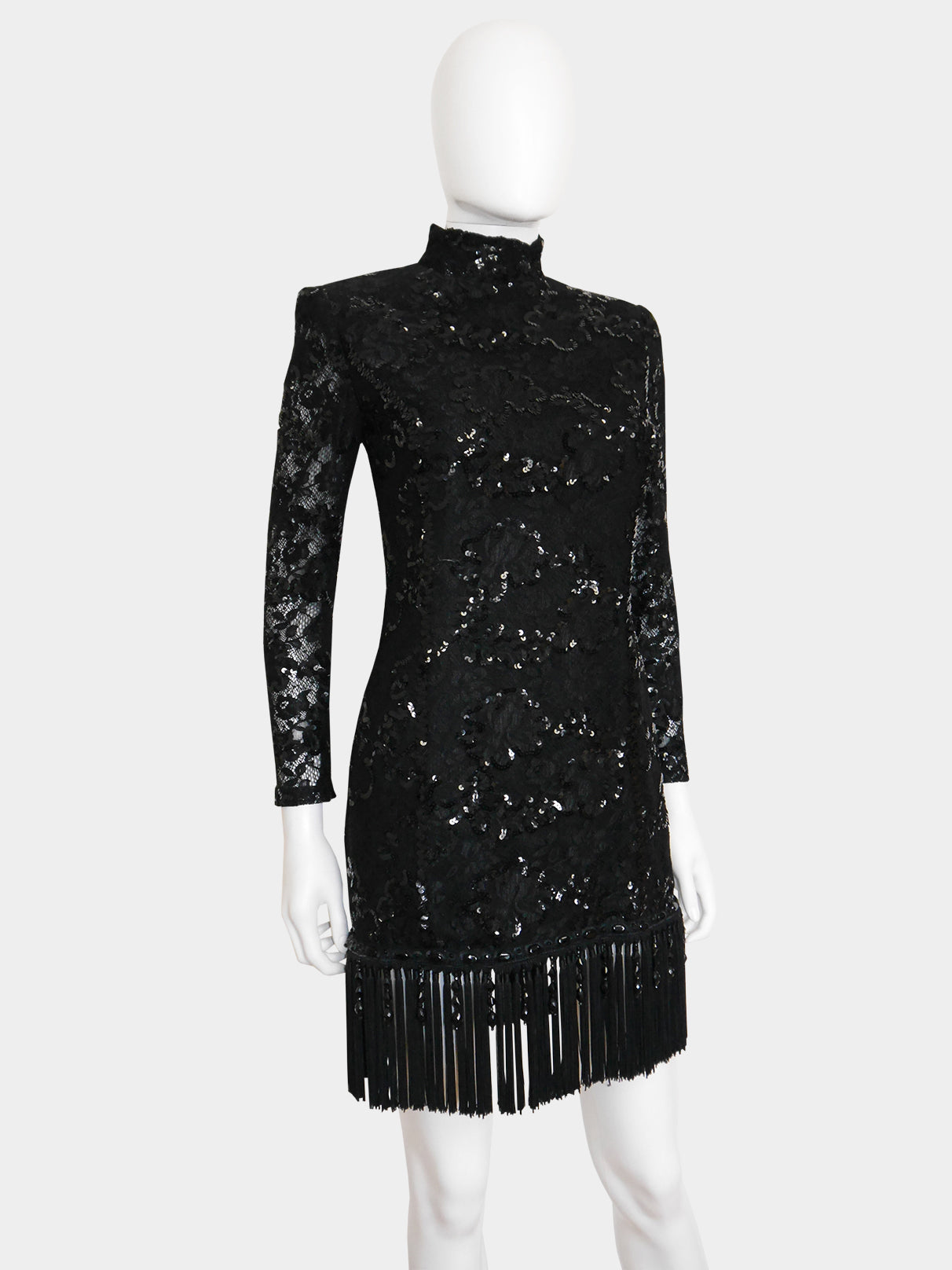 EMANUEL UNGARO c. Fall 1992 Vintage Fringed Lace Sequin Cocktail Dress Size XS
