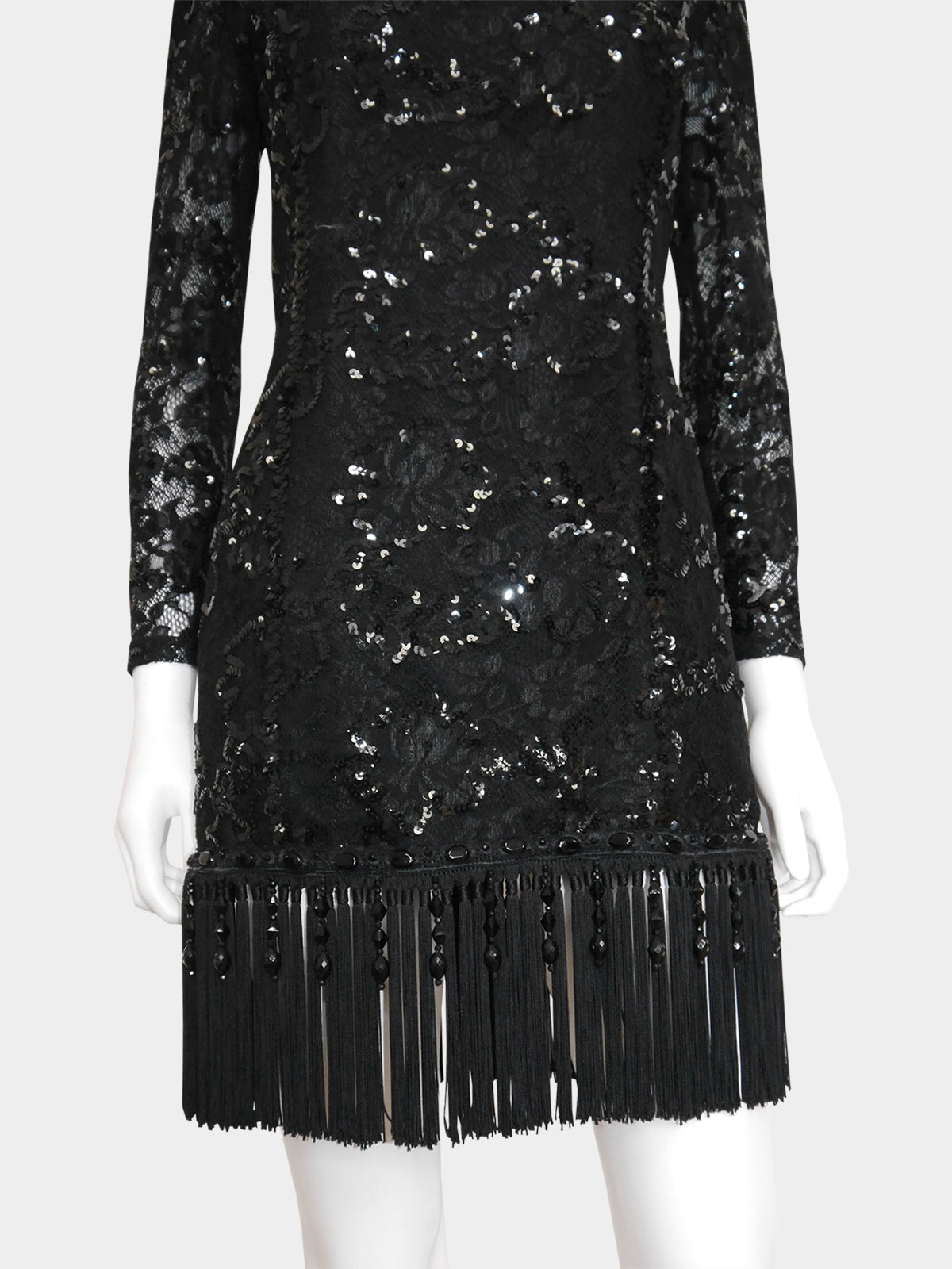 EMANUEL UNGARO c. Fall 1992 Vintage Fringed Lace Sequin Cocktail Dress Size XS