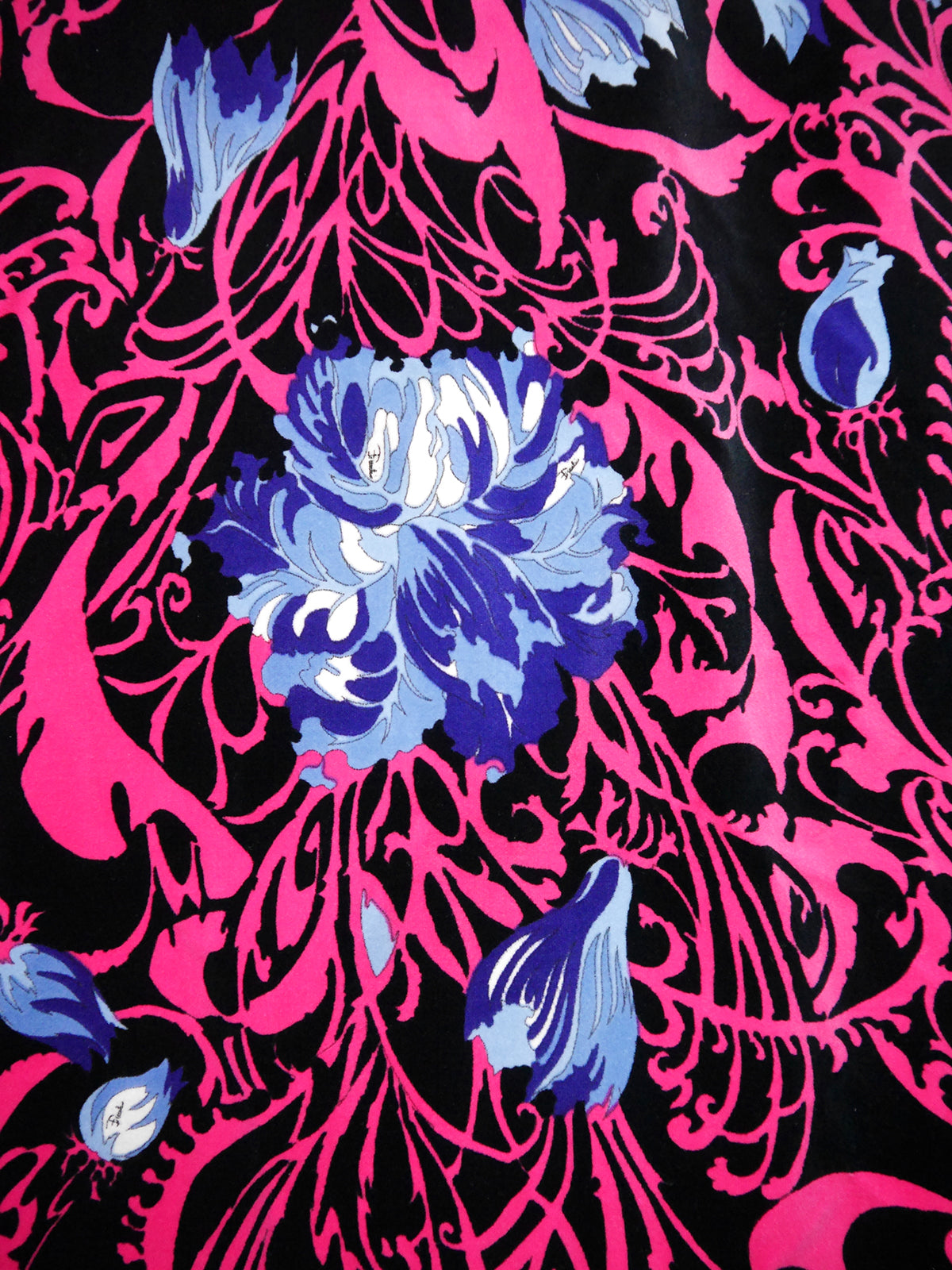 EMILIO PUCCI 1970s Vintage Signature Print Neon Pink & Blue Velvet Maxi Skirt