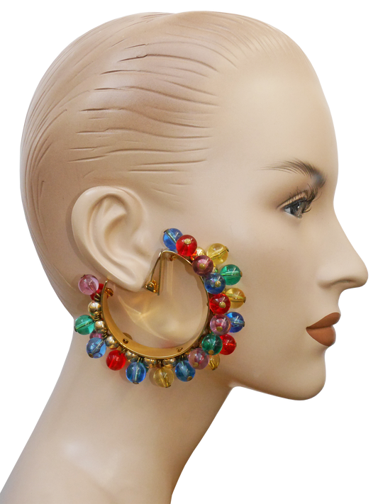 GIANNI VERSACE Spring 1991 Vintage Pop Art XL Multi-Coloured Beaded Hoop Earrings