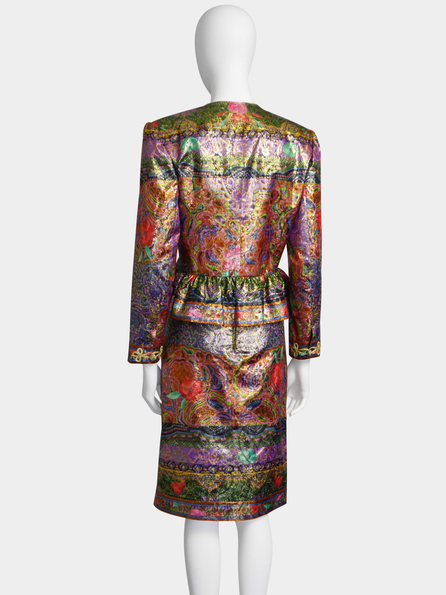 LEONARD 1990s Vintage Metallic Silk Brocade Jacket & Skirt Suit Size L