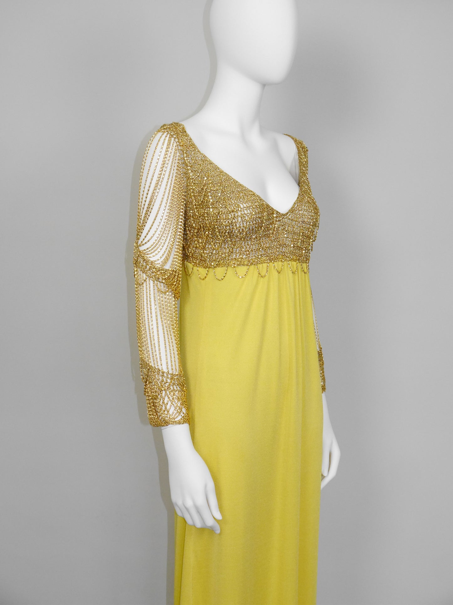 LORIS AZZARO 1970s Vintage Crochet Chainmail Maxi Evening Gown