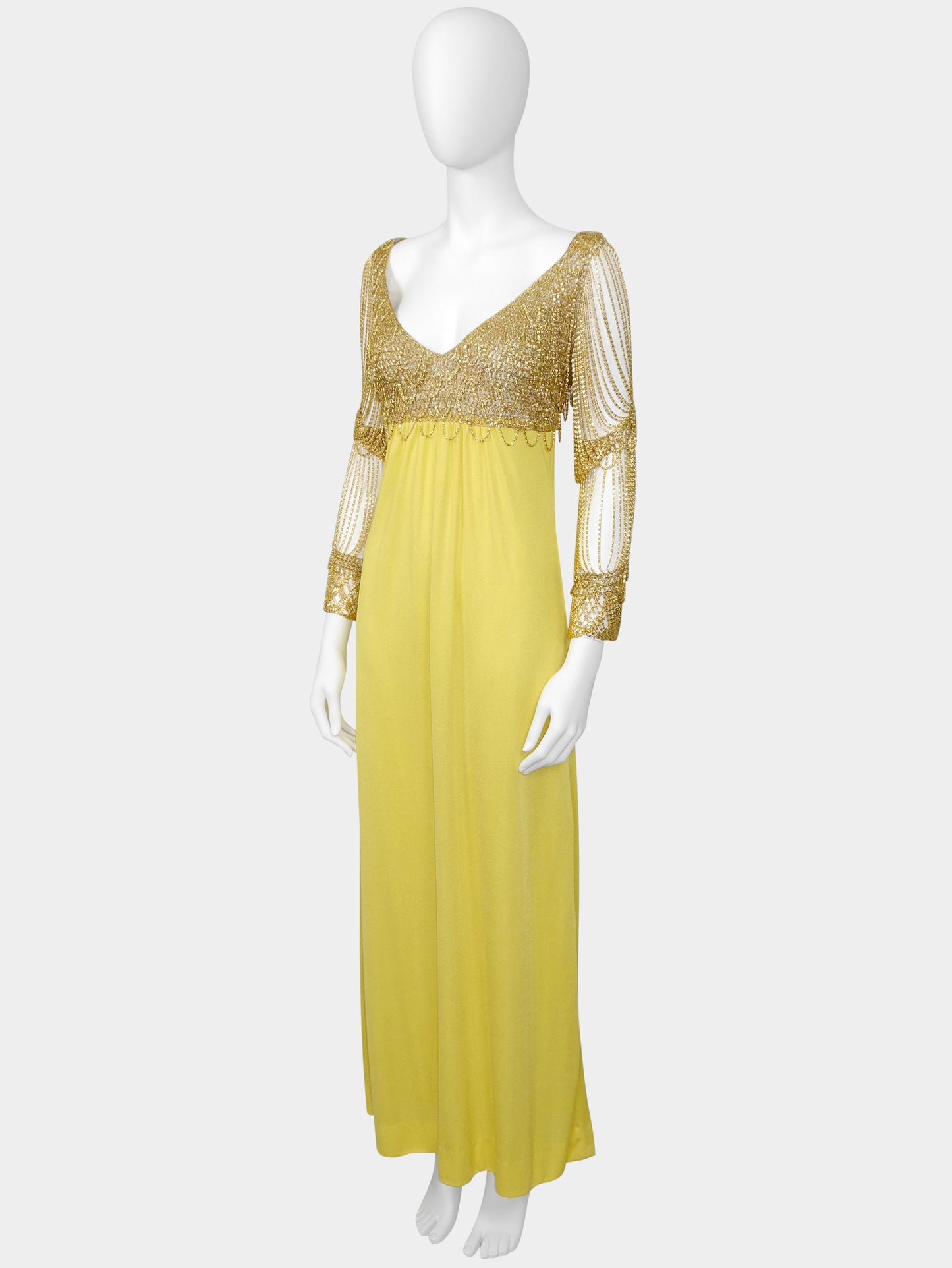 LORIS AZZARO 1970s Vintage Crochet Chainmail Maxi Evening Gown