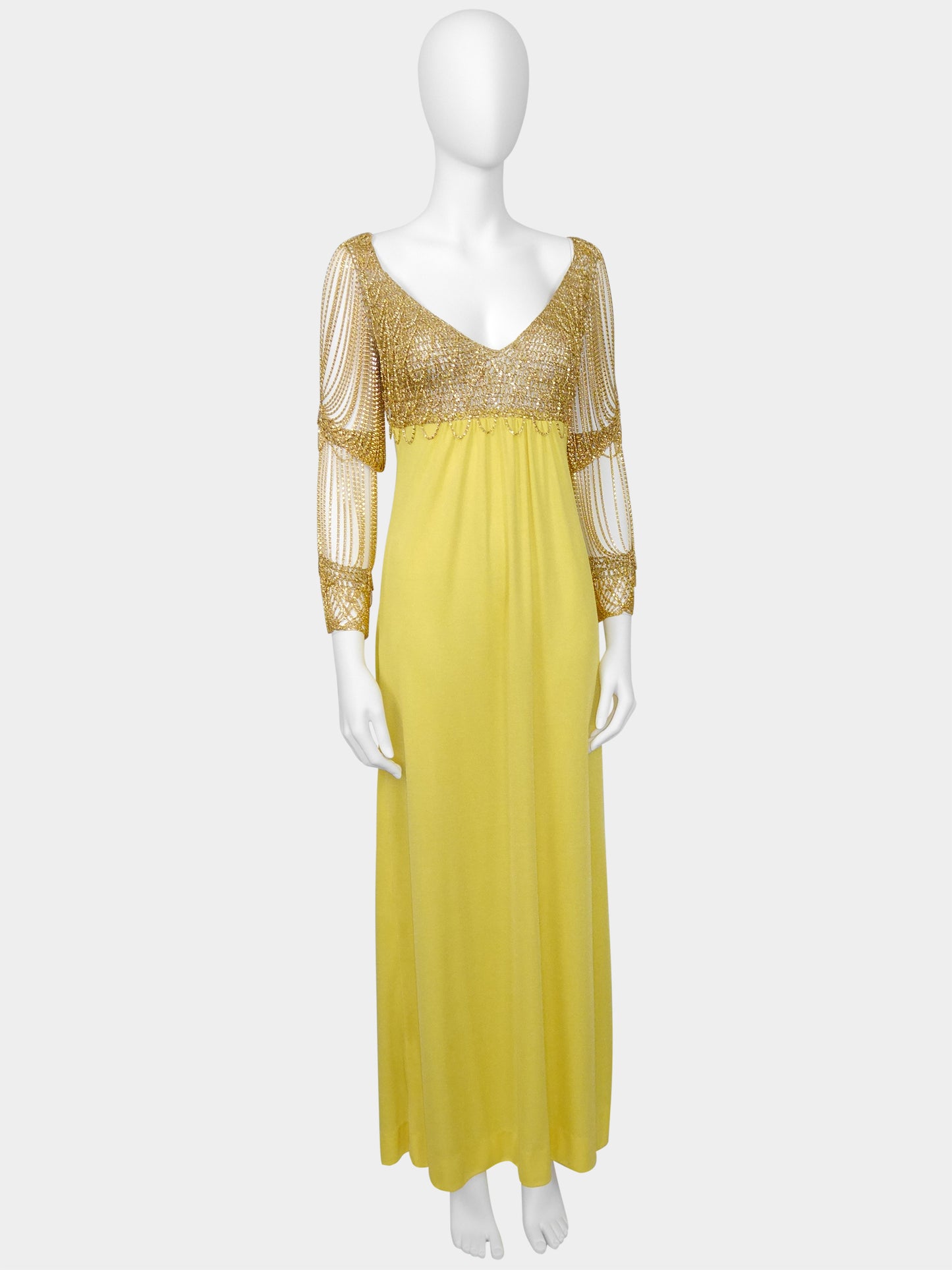 LORIS AZZARO 1970s Vintage Crochet Chainmail Maxi Evening Gown