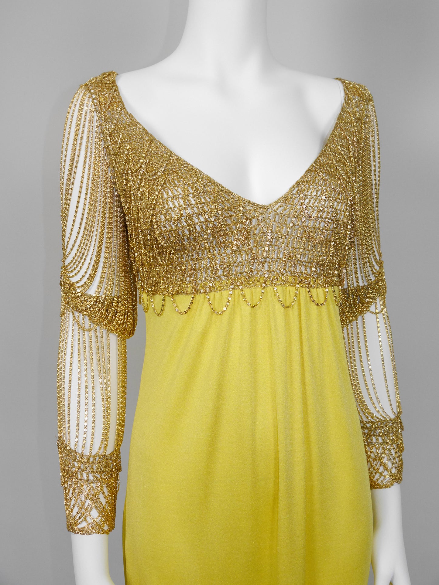 LORIS AZZARO 1970s Vintage Crochet Chainmail Maxi Evening Gown