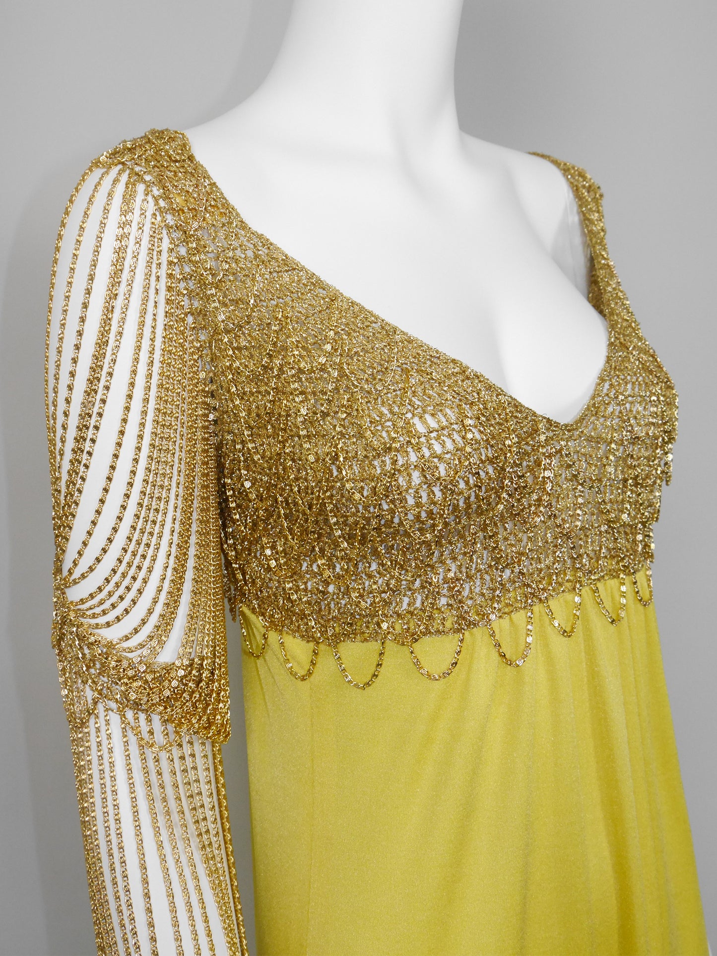 LORIS AZZARO 1970s Vintage Crochet Chainmail Maxi Evening Gown