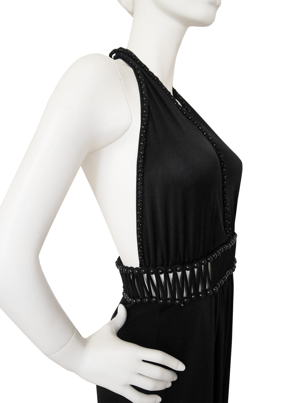 LORIS AZZARO 1970s Vintage Beaded Backless Black Jersey Maxi Evening Dress