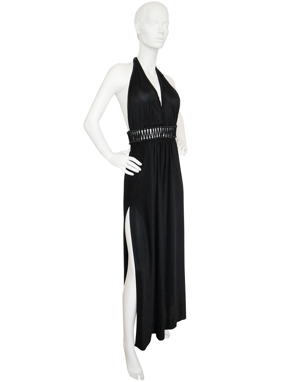 LORIS AZZARO 1970s Vintage Beaded Backless Black Jersey Maxi Evening Dress