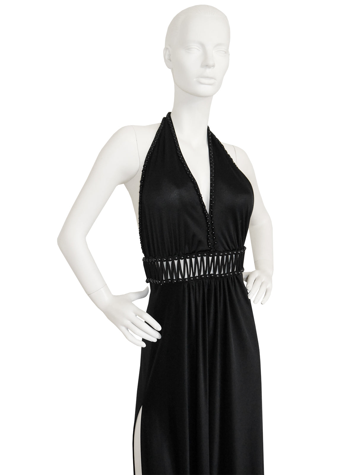 LORIS AZZARO 1970s Vintage Beaded Backless Black Jersey Maxi Evening Dress
