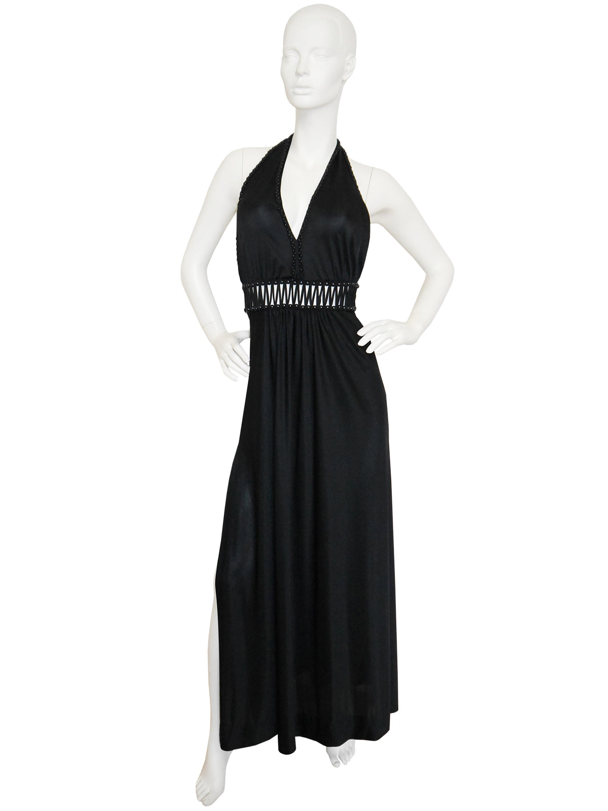 LORIS AZZARO 1970s Vintage Beaded Backless Black Jersey Maxi Evening Dress