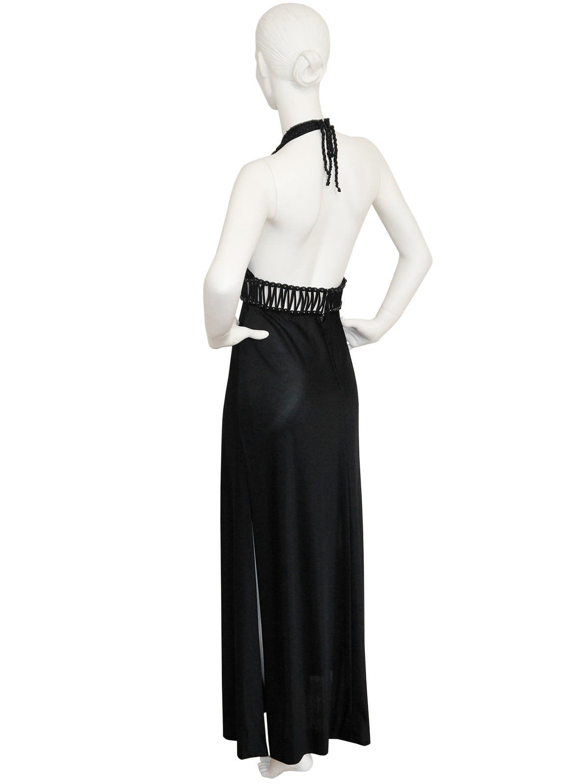 LORIS AZZARO 1970s Vintage Beaded Backless Black Jersey Maxi Evening Dress