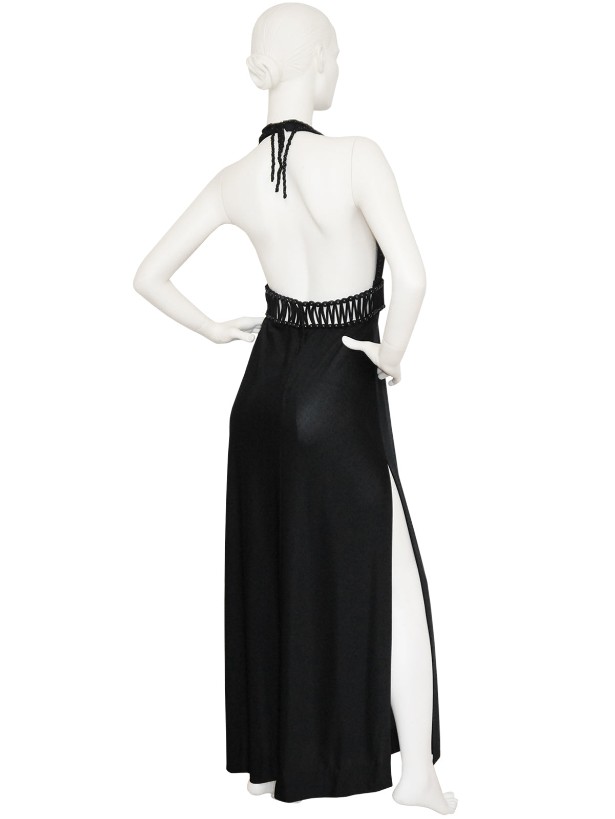 LORIS AZZARO 1970s Vintage Beaded Backless Black Jersey Maxi Evening Dress
