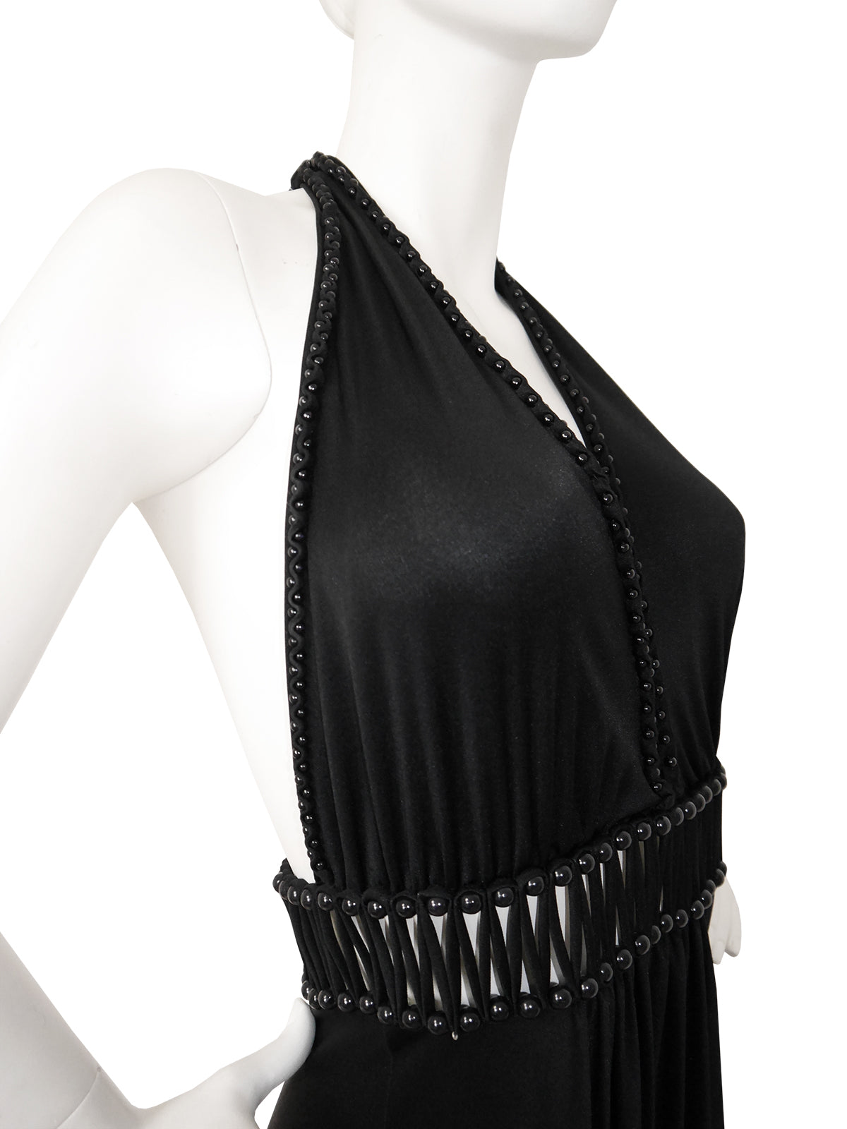 LORIS AZZARO 1970s Vintage Beaded Backless Black Jersey Maxi Evening Dress